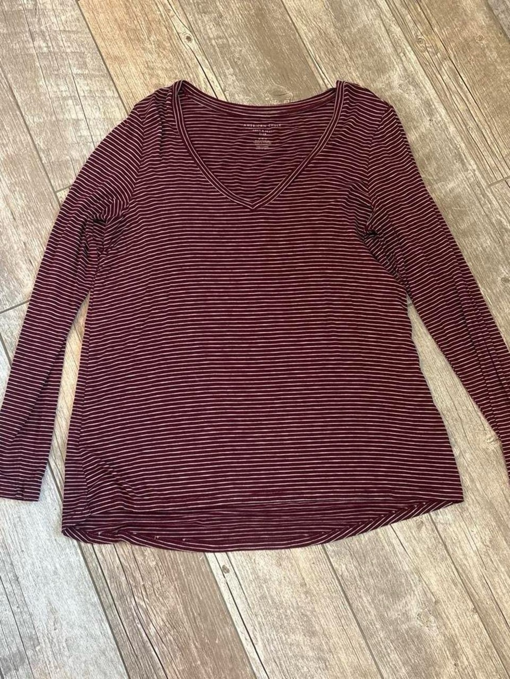 American Eagle Outfitters Burgundy and White Striped V-Neck Long Sleeve Top